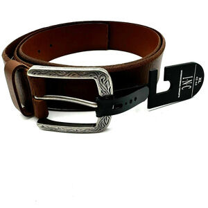 INC | NEW Men's XL 42-44 Tan Brown Genuine‎ Leather Western Silver Buckle Belt